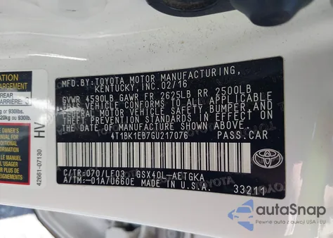 2016 Toyota Avalon Xle Plus z USA, uszkodzony, nr VIN 4T1BK1EB7GU217076